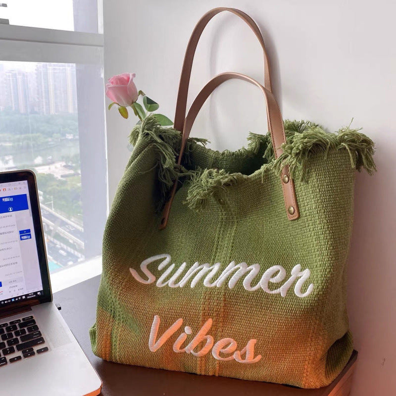 Women Large Canvas Embroidered Letter Tote Handheld Woven Beach Bag