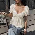 2026 New Soft Solid V Neck Jacquard Ruched Puff Sleeve Top