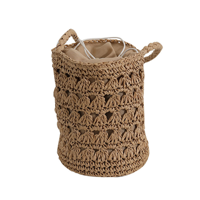 Women French Retro One-Shoulder Hollow Straw Bucket Beach Bag