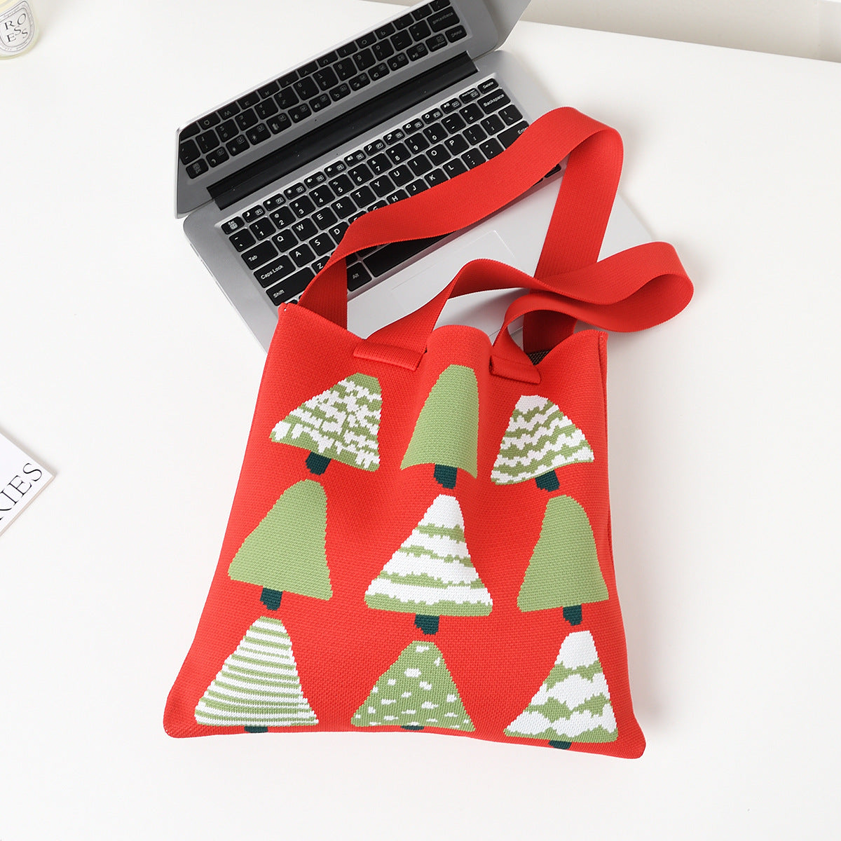 Christmas Tree Graphic Knit Wide Straps Tote Bag
