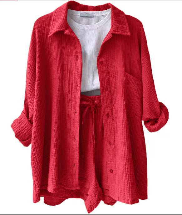 European And American Clothing Two-Piece Set Wrinkled Lapel Long-Sleeved Shirt High-Waisted Drawstring Shorts Large Size Fashion Casual Suit