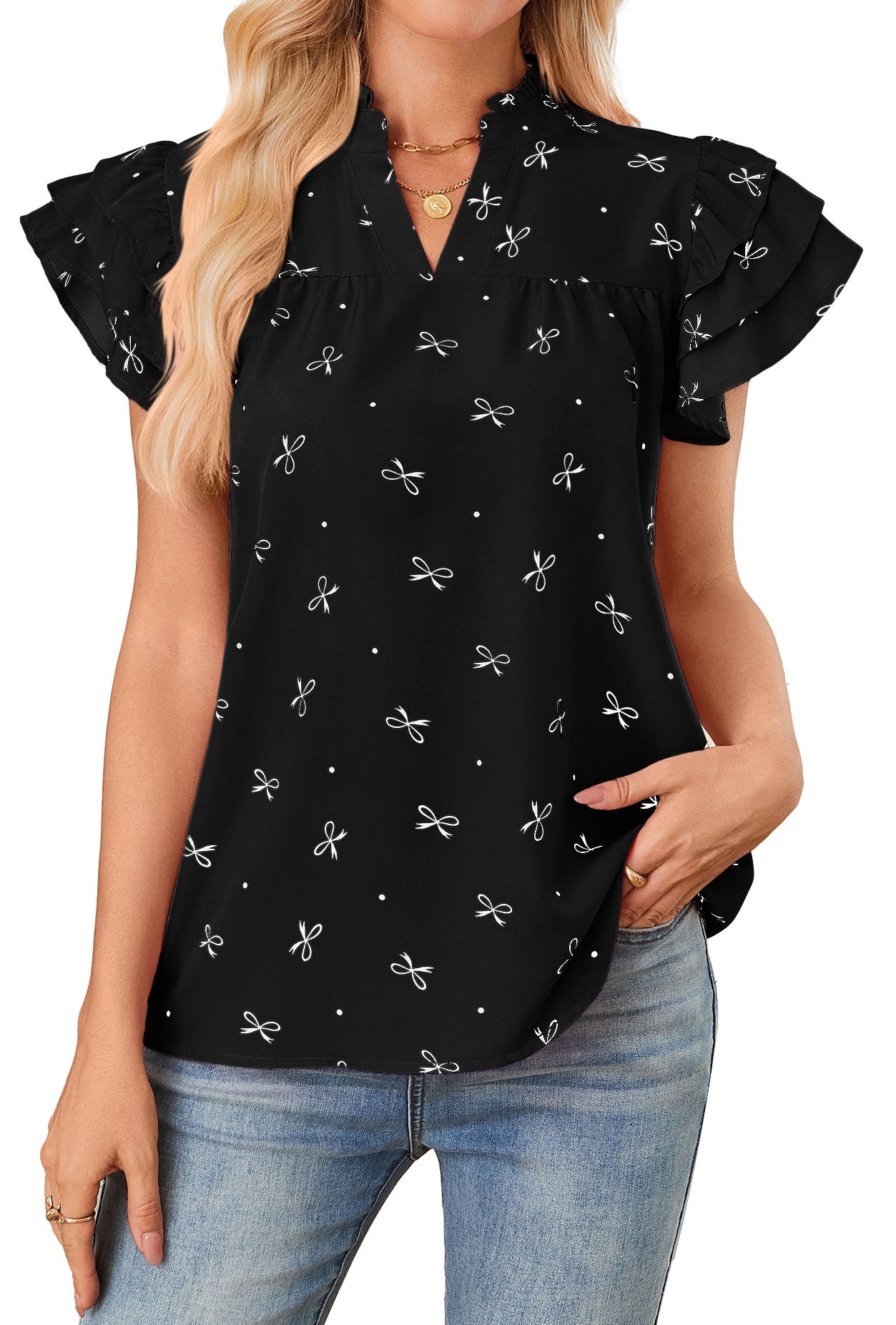 Women V-Neck Multi-Layered Ruffle Sleeves Sweet Chiffon Top