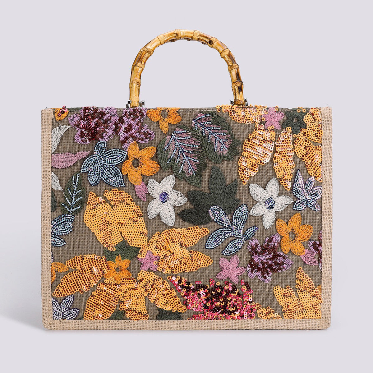 Women Bamboo Woven Straw Tote Bag, Sequin Large Capacity Handbag