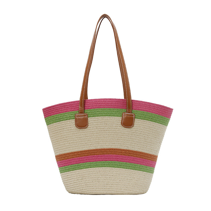 Color-Block Striped Large Capacity Straw Beach Tote