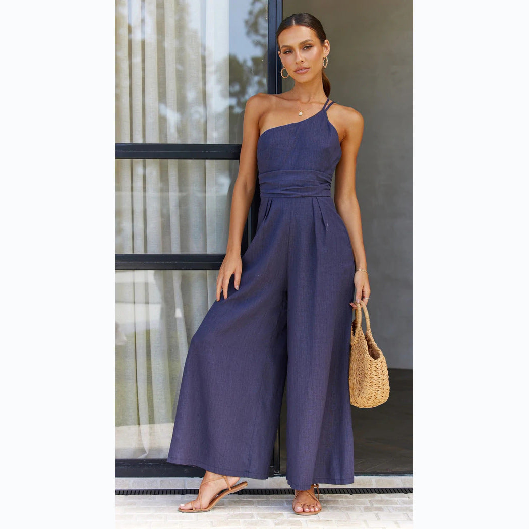 Solid Color Loose Wide-Leg Cotton Linen Jumpsuit