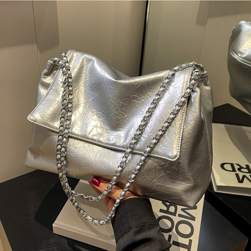 Slouchy Shoulder Bag with Metallic Chain Strap