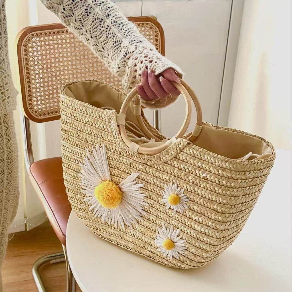 Small Daisy Straw Wooden Ring Woven Beach Bag