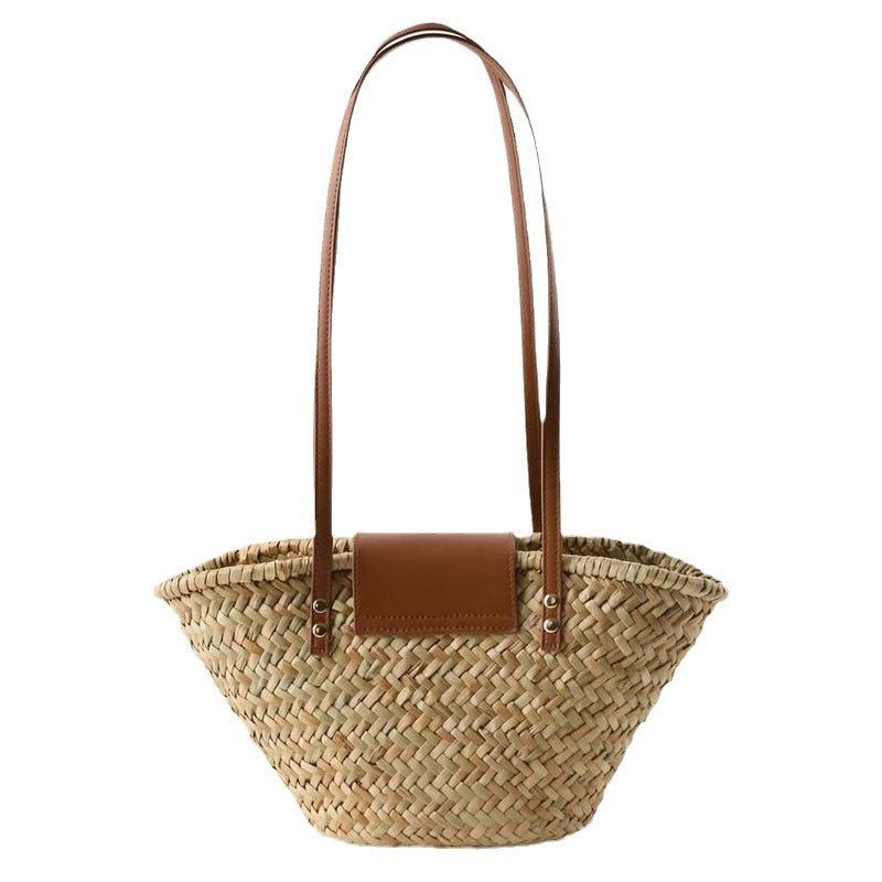 Factory Direct Sales Natural Grass Single Shoulder Straw Bag New Pu Splicing Woven Bag Vacation Beach Bag Versatile Rattan Bag