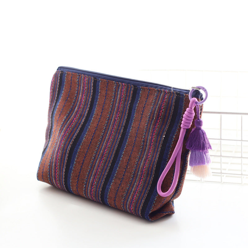 Women Colorful Stripe Tassel Handheld Ethnic Zipper Travel Pouch