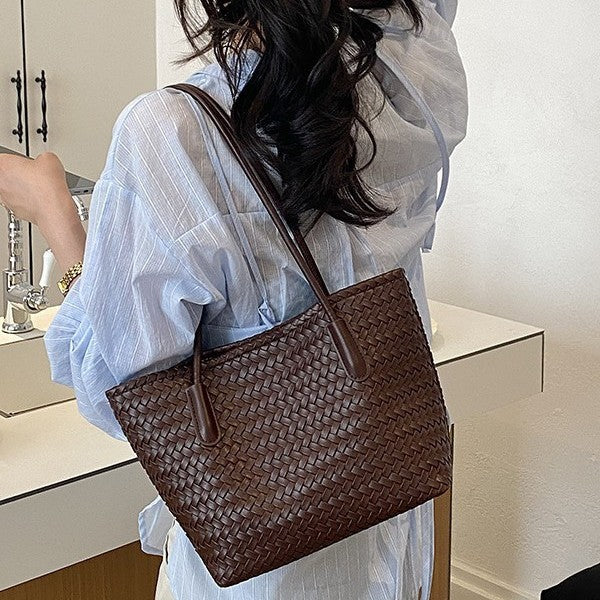 Classic Woven Tote Shoulder Bag with Double Shoulder Straps
