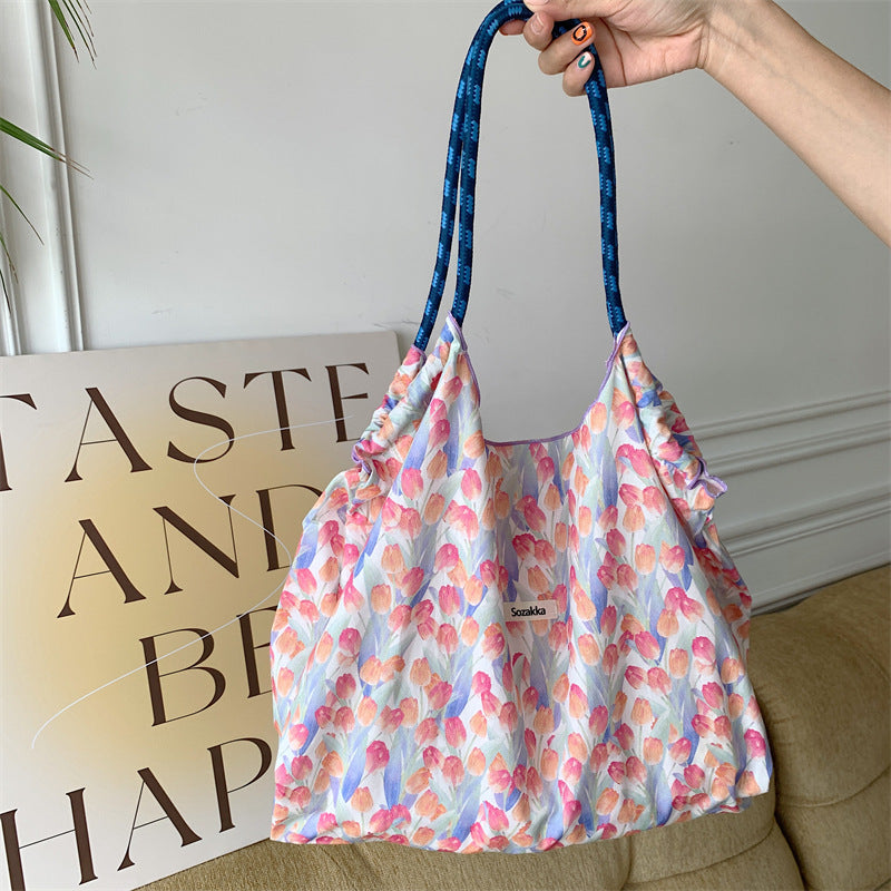 Korean Large Capacity Drawstring Floral Tote Bag