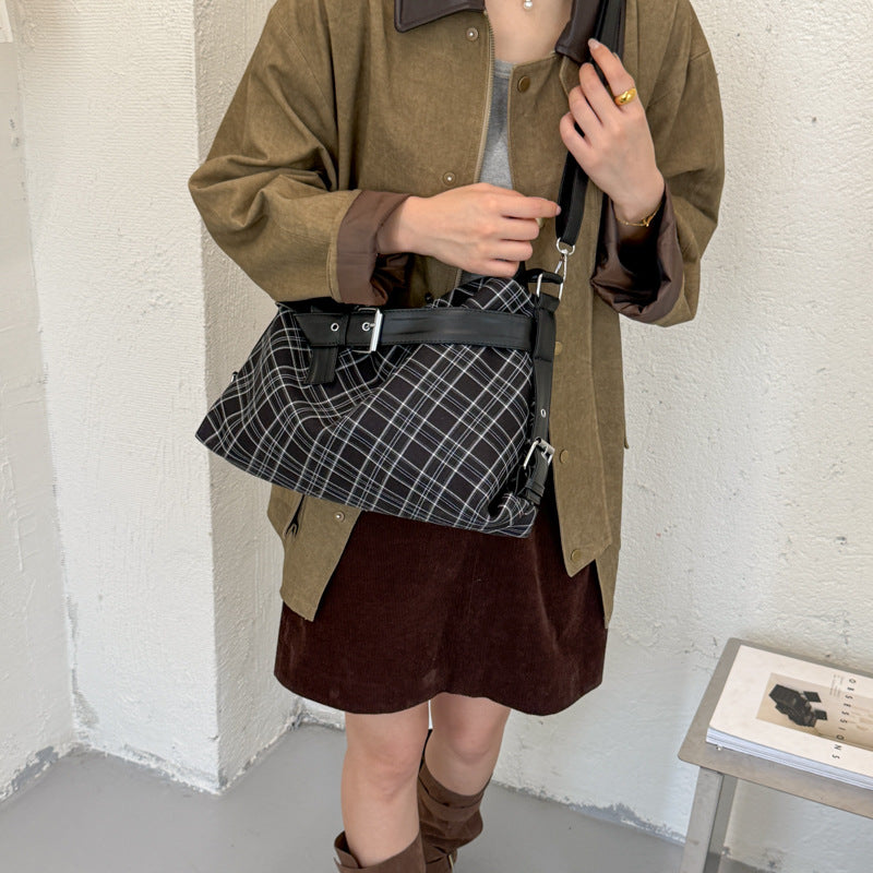 Vintage Plaid Handbag with Buckle Detail and Convertible Crossbody Strap