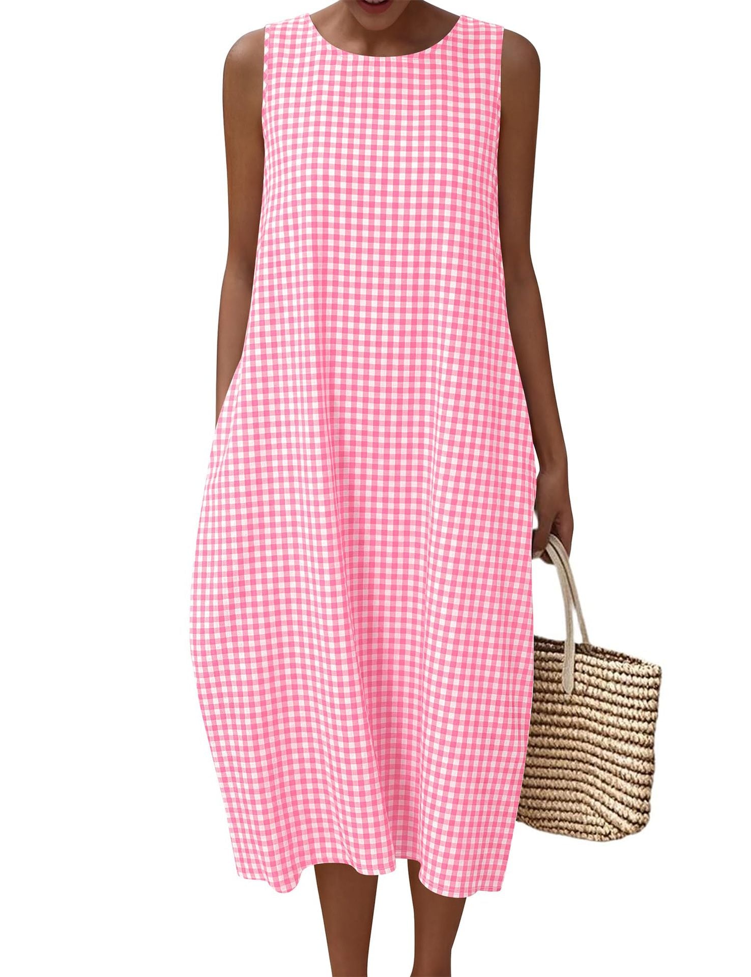Women Pocket Loose Sleeveless Plaid Dress