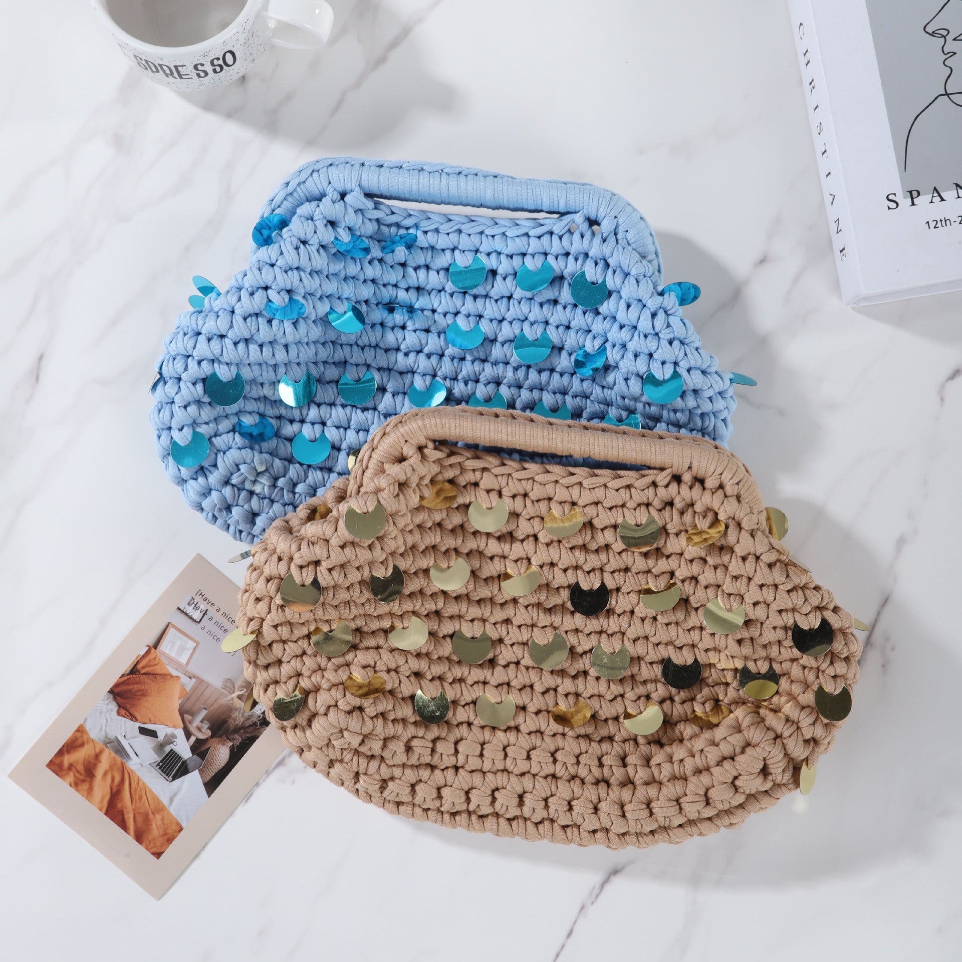 Boho Handwoven Sequin Crochet Top Handle Clutch Bag