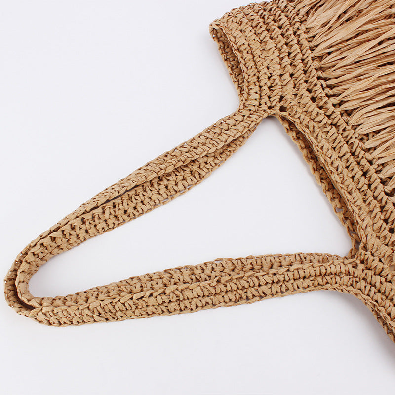 Women Long Tassel Straw Woven Large Capacity Shoulder Beach Vacation Bag