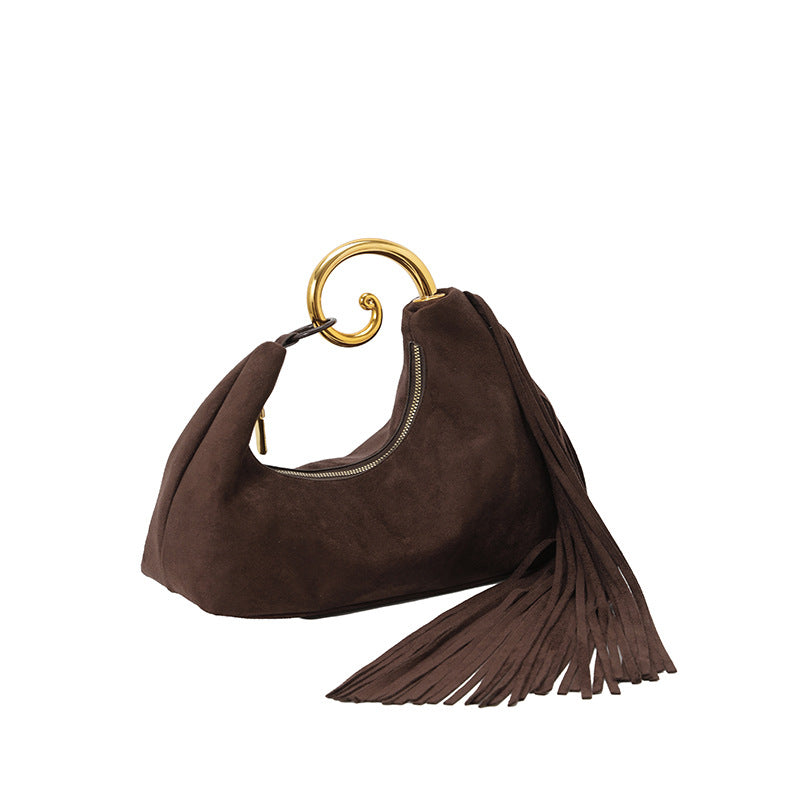 Suede Fringe Handbag with Metal Ring Handle