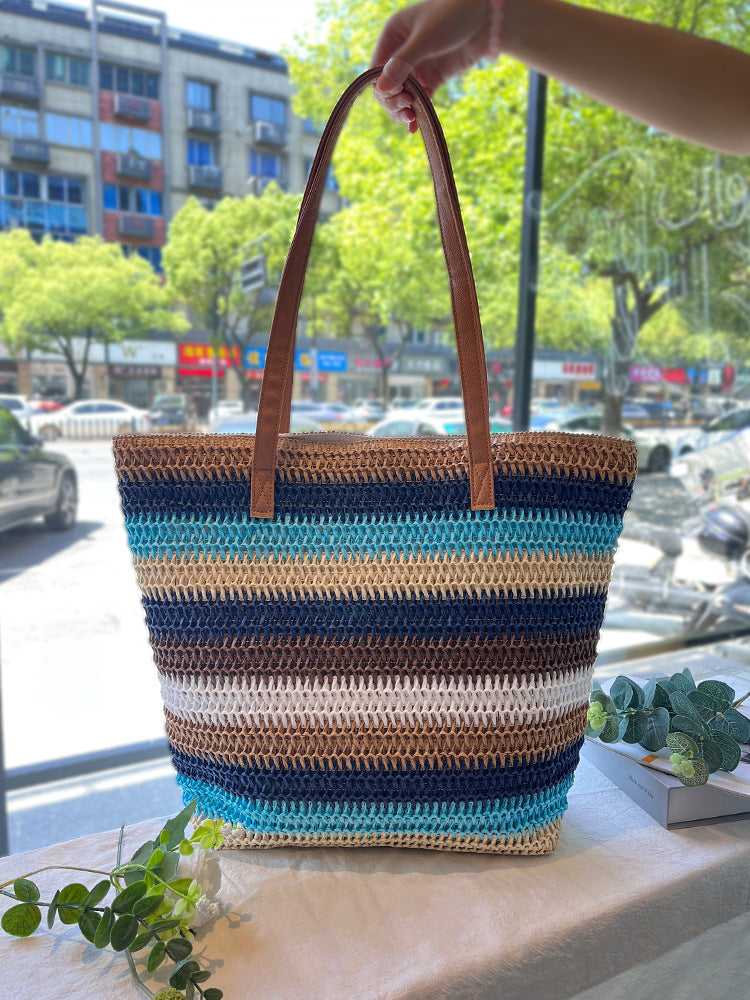 Striped Contrasting Color Handmade Straw Tote Bag