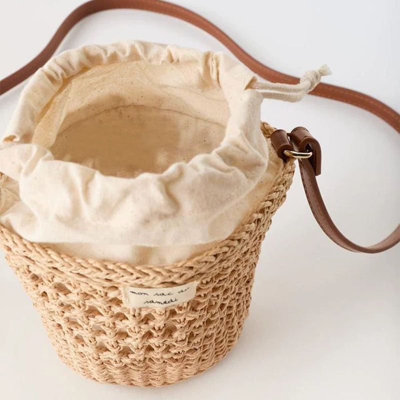 Cute Hollow Straw Bucket Crossbody Beach Bag