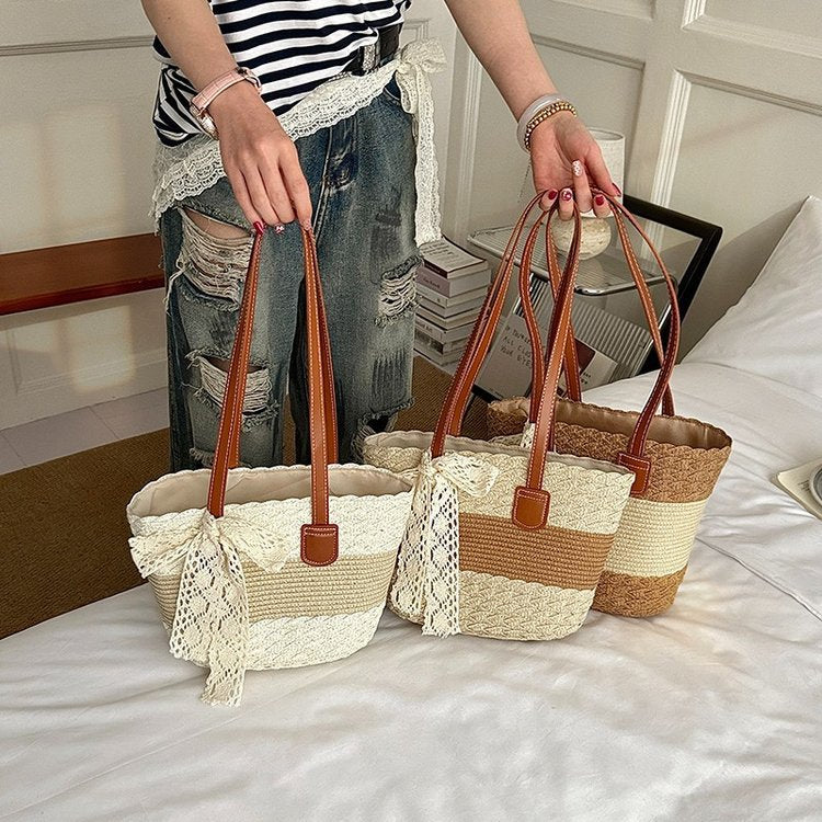 Artistic Vacation Fashion Shoulder Beach 2026 New Color Block Underarm Woven Straw Bag
