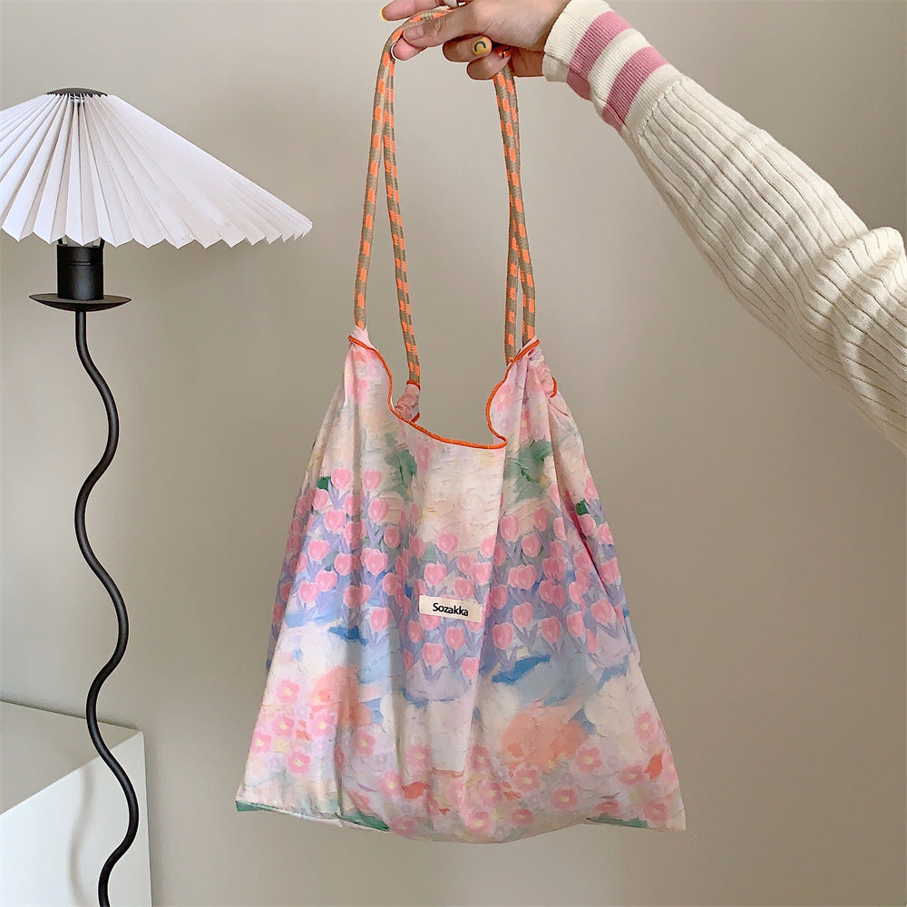 Korean Large Capacity Drawstring Floral Tote Bag