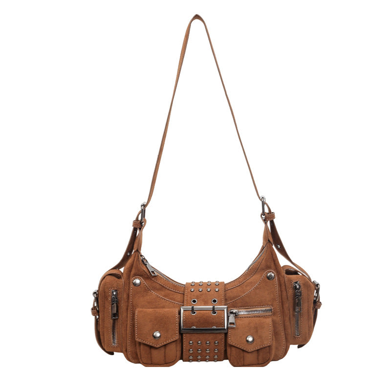 Vintage Studded Buckle Shoulder Bag with Pockets