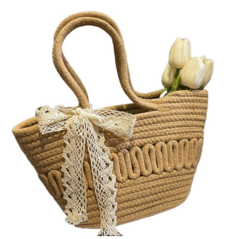 Women Bow Straw Woven Bucket Shoulder Tote Bag