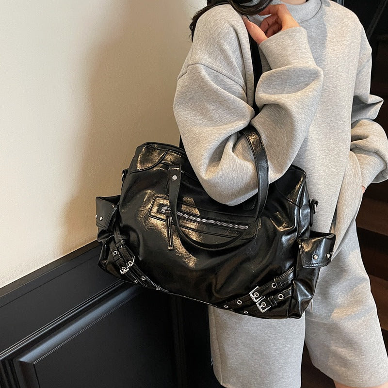 Retro Glossy Faux Leather Tote Bag with Multiple Pockets