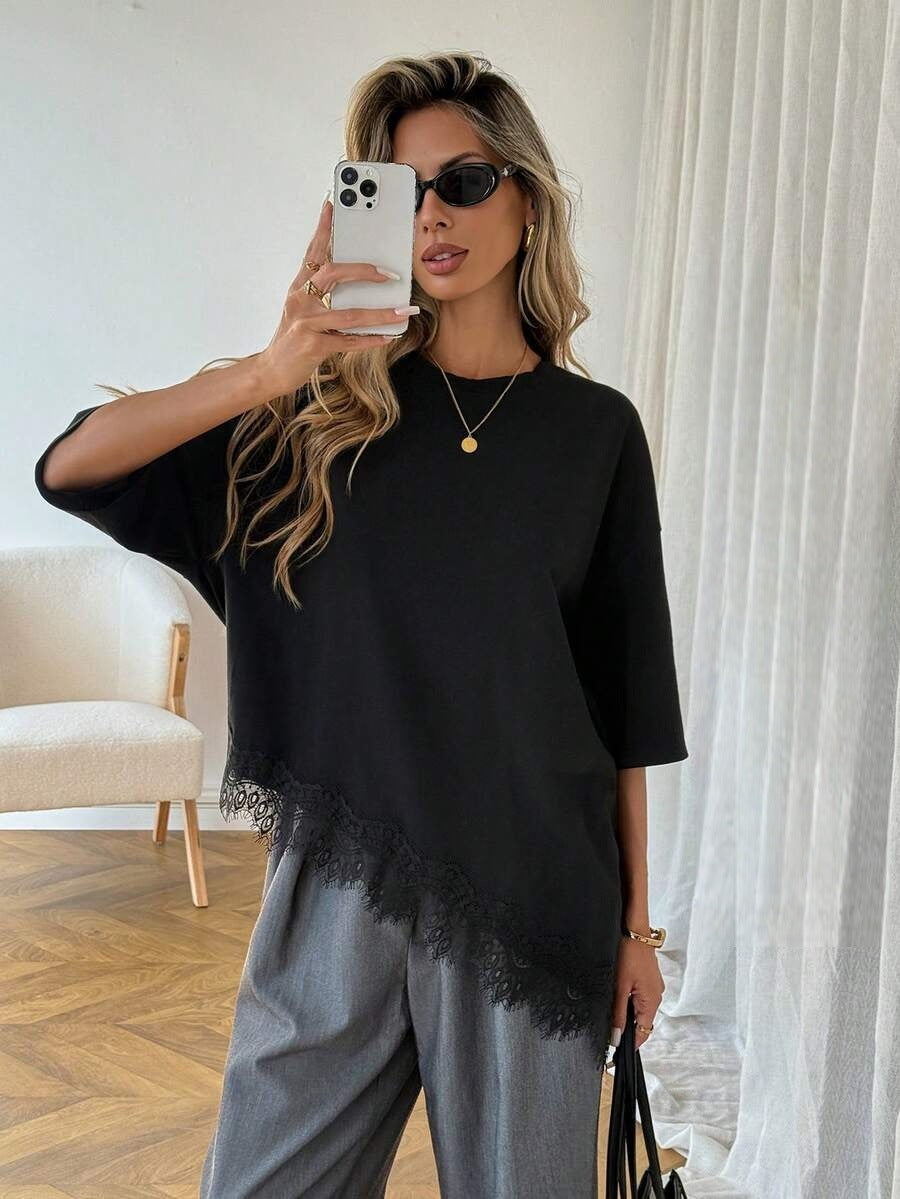 Women Leopard Print Stitching Lace Loose Short-Sleeve T-Shirt