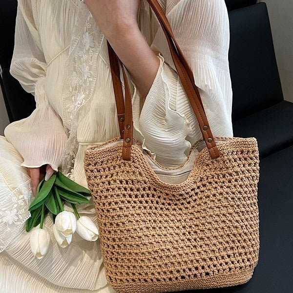 Women Summer New Woven Exquisite Bucket Shoulder Large Straw Bag
