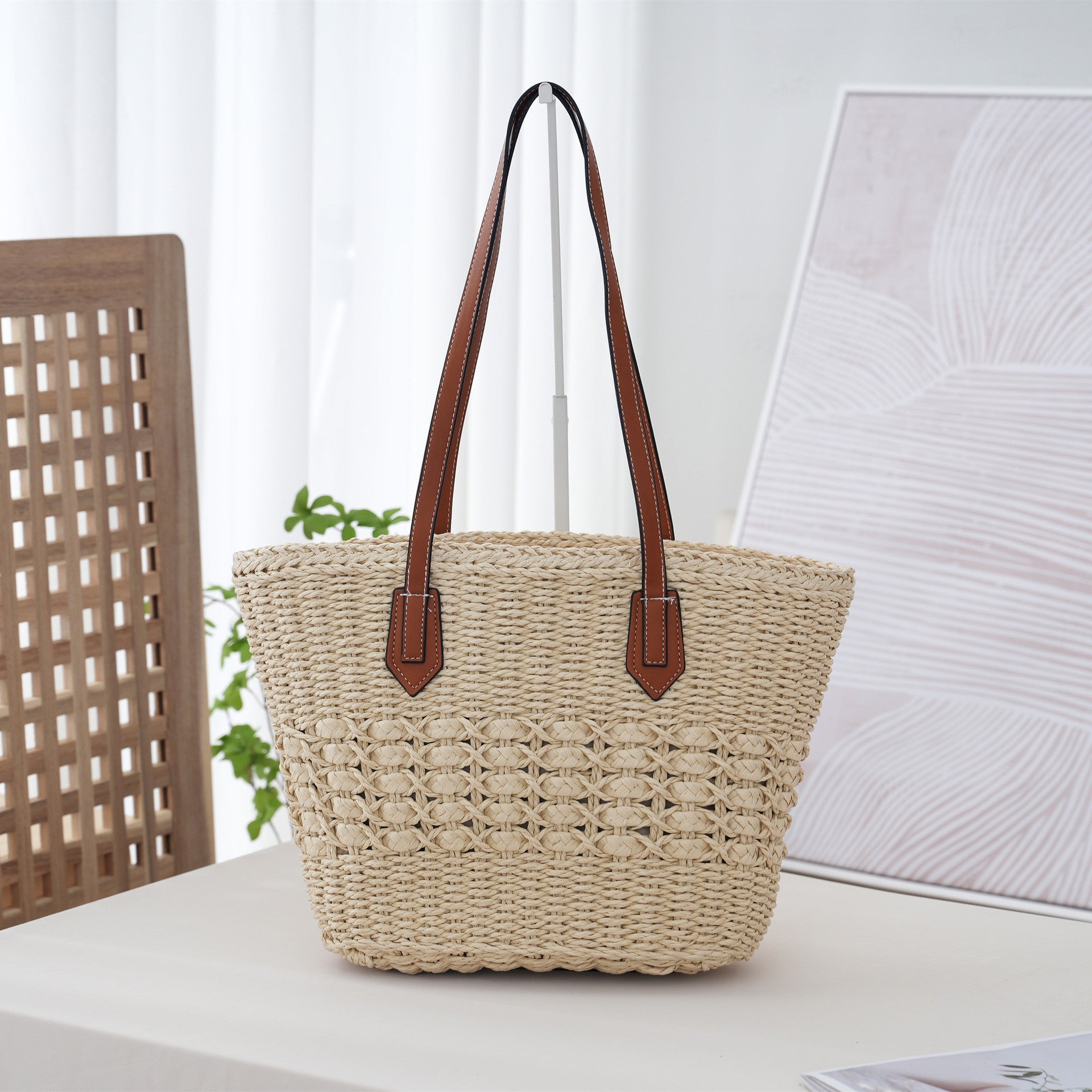 Large Capacity Woven Straw Beach Shoulder Tote Bag