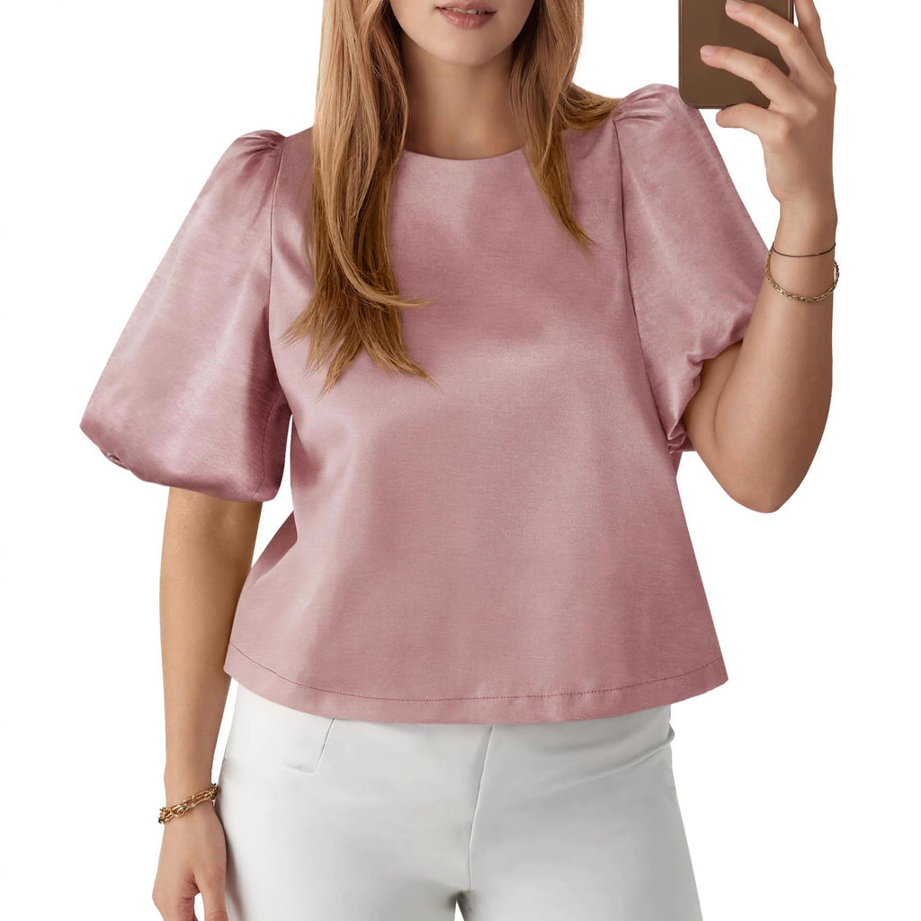 Elegant Women's Round Neck Satin Puff Sleeve Baby Doll Top