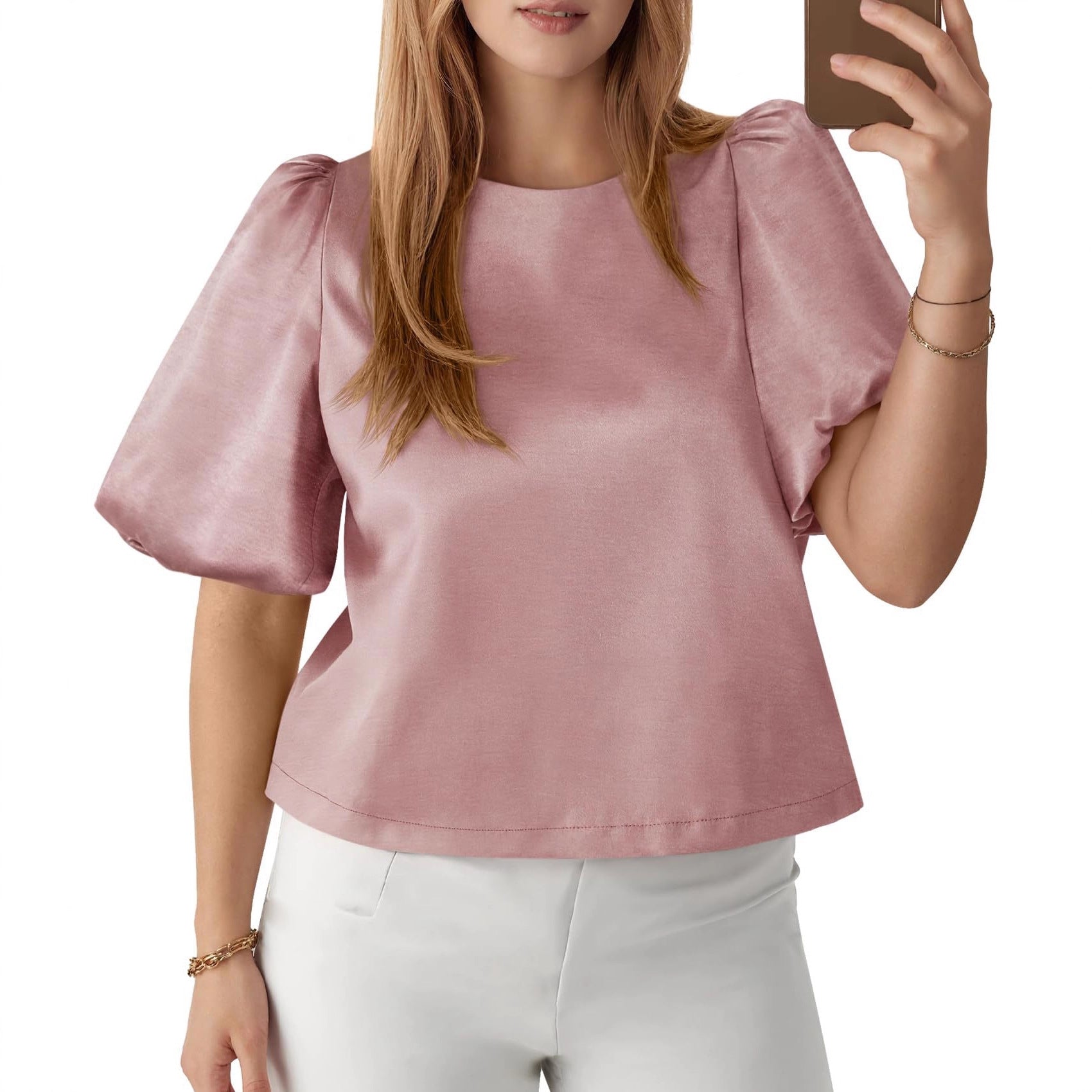 Elegant Women's Round Neck Satin Puff Sleeve Baby Doll Top