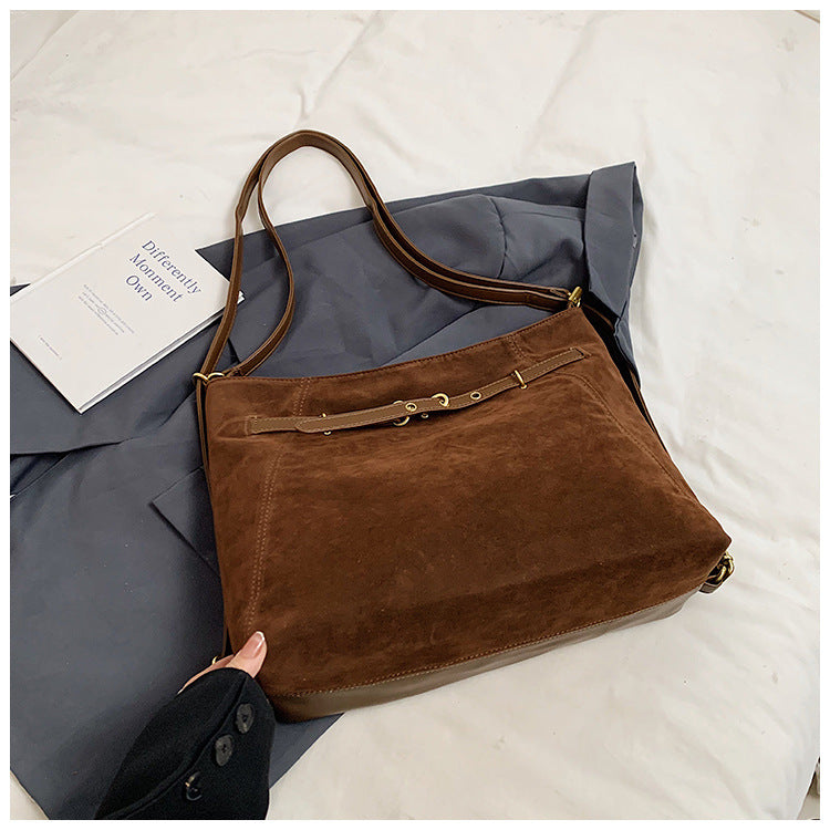 Cozy Suede Look Shoulder Bag with Buckle Detail