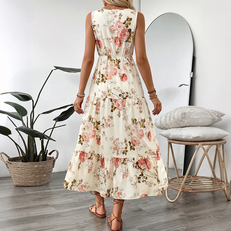 Women Summer Sleeveless Lace V Neck Floral Elegant Dress