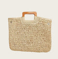Women Solid Color Wooden Handle Straw Woven Bag, Summer Beach Handmade Fashion Bag