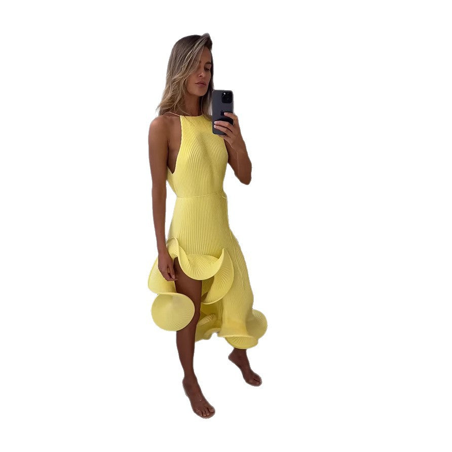 Irregular Ruffled Sexy Sleeveless Lace-Up Slim Dress