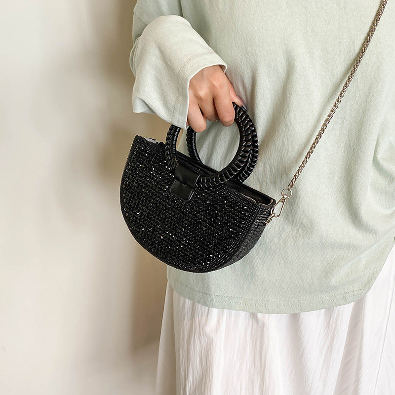Rhinestone Embellished Half Moon Handbag with Braided Round Handles