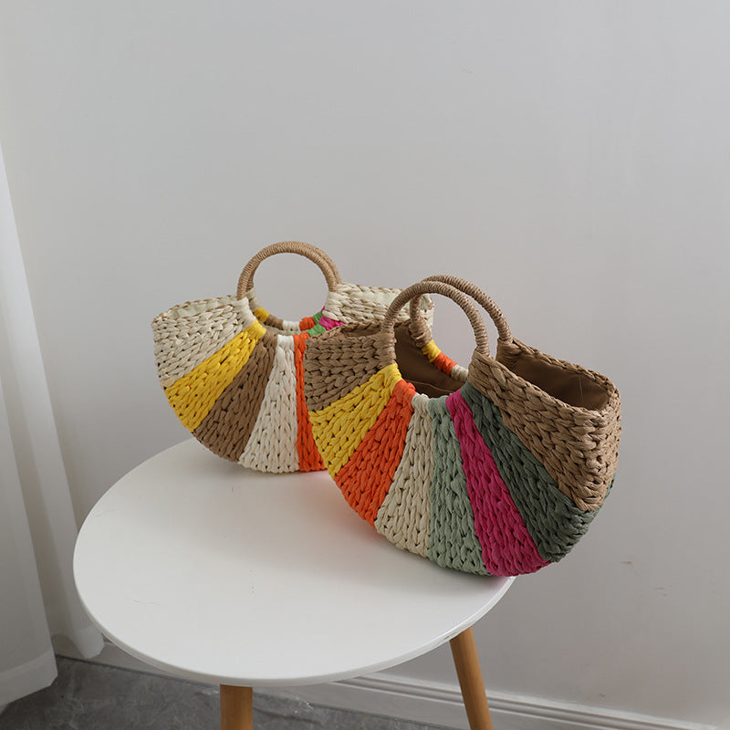 Rainbow Colorful Straw Woven Beach Bag