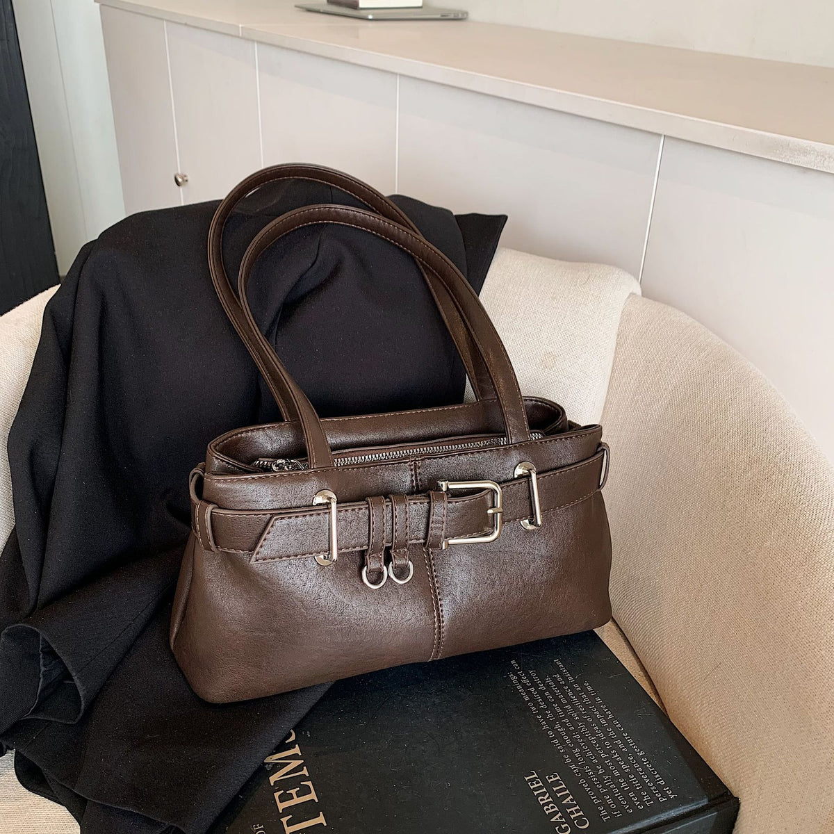 Belt Buckle Structured Zip Closure Shoulder Bag
