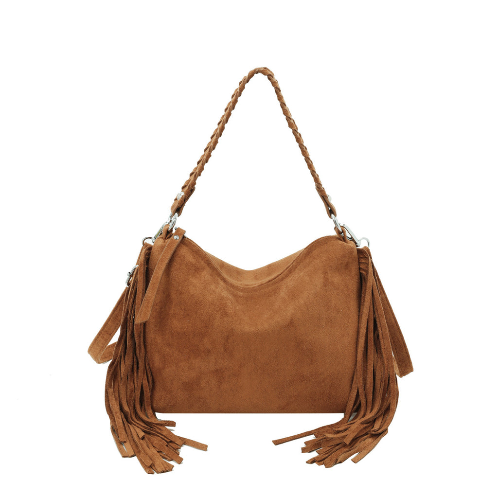 Vintage Faux Suede Fringe Hobo Shoulder Bag with Braided Strap