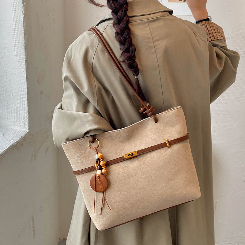 Suede Structured Buckle Detail Handbag with Long Shoulder Strap