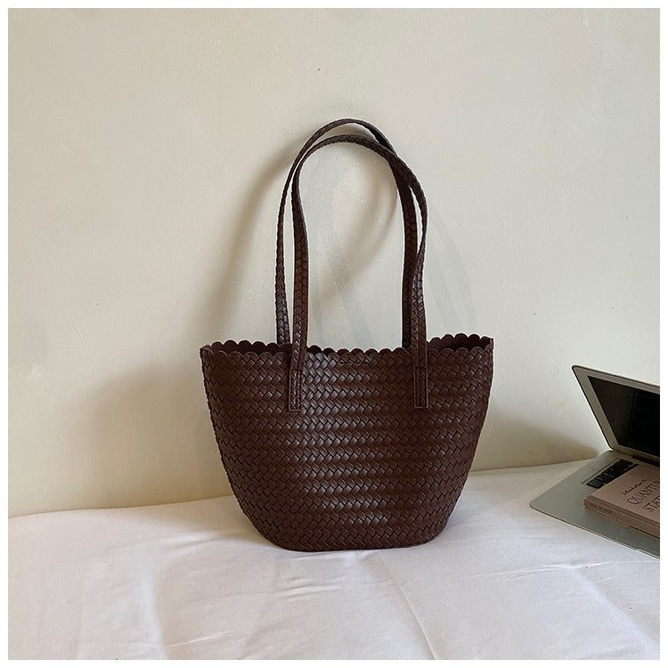 Woven PU Leather Shoulder Tote Bag with Scalloped Edge