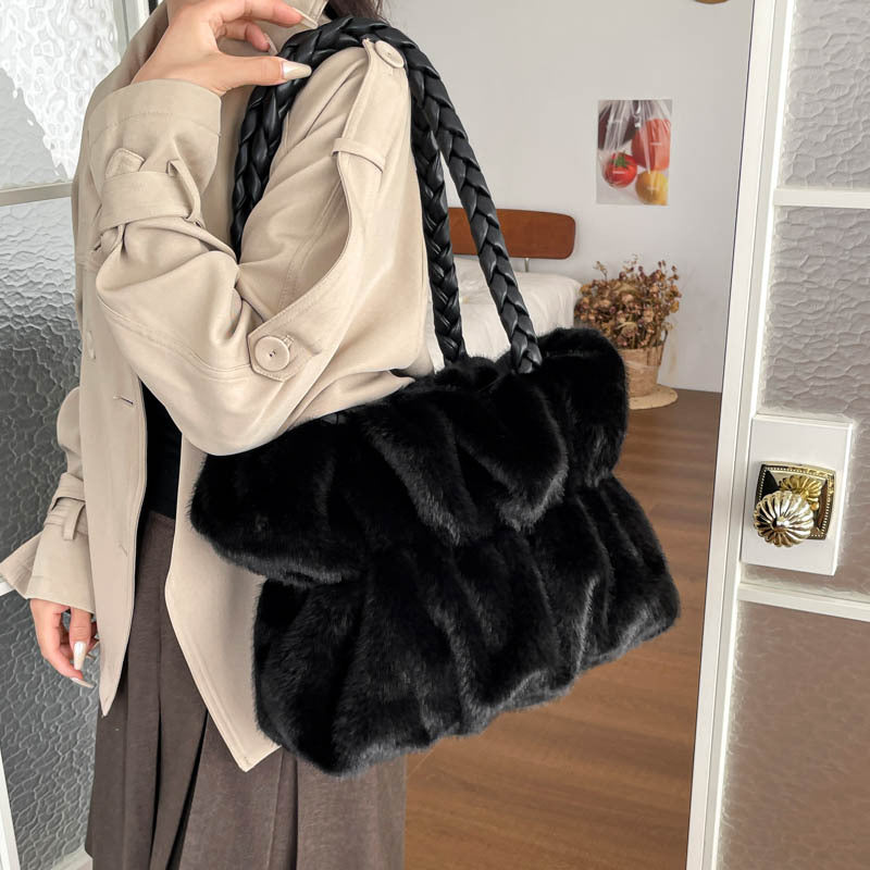 Cozy Plush Texture Tote with Braided Handles