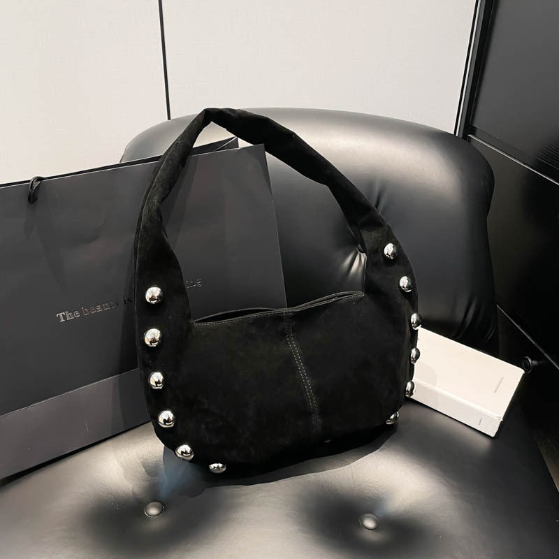 Suede Studded Hobo Shoulder Bag