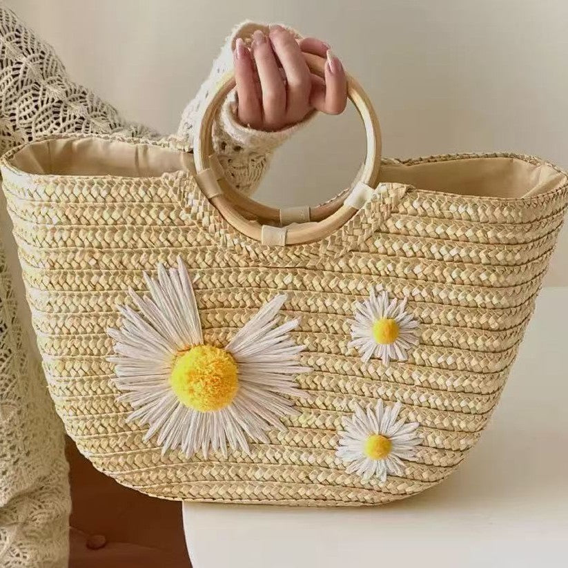 Small Daisy Straw Wooden Ring Woven Beach Bag