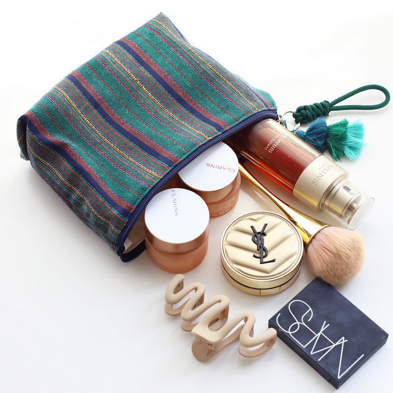 Women Colorful Stripe Tassel Handheld Ethnic Zipper Travel Pouch