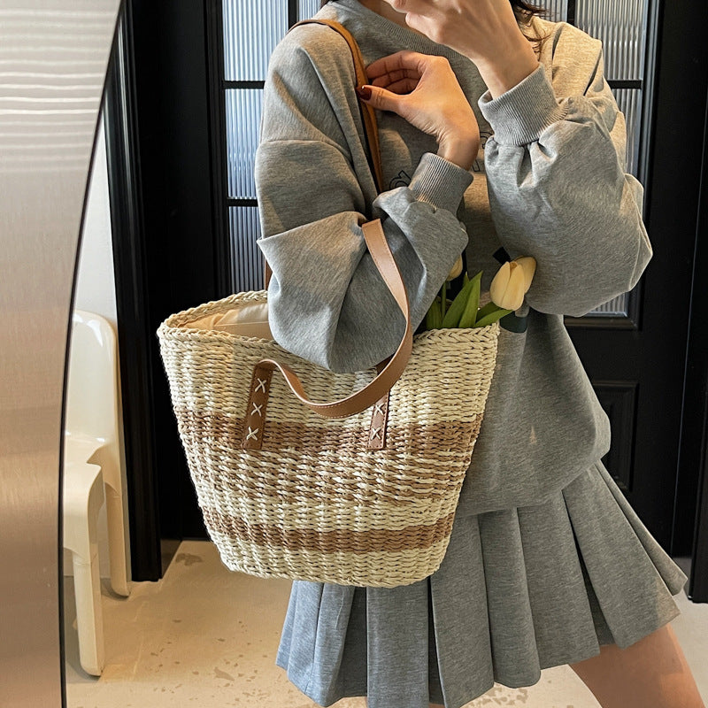 Casual Simple Striped Large Capacity Straw Woven Beach Shoulder Bag