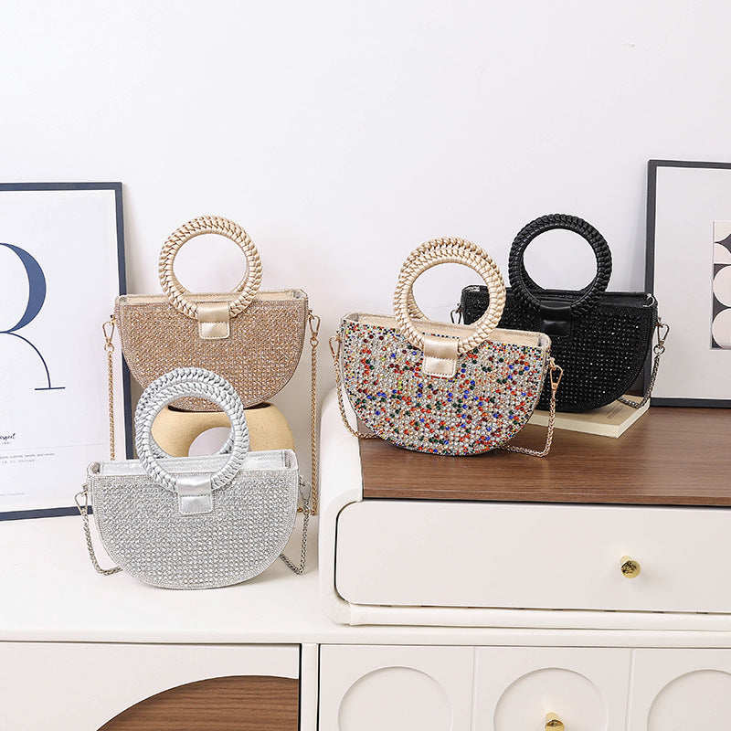 Rhinestone Embellished Half Moon Handbag with Braided Round Handles