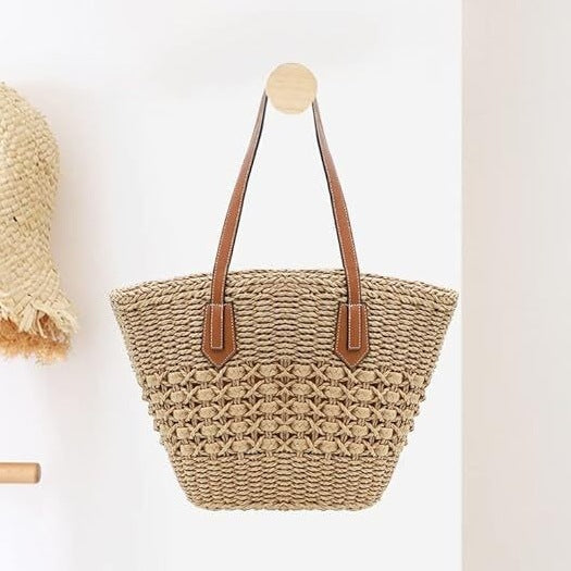 Large Capacity Flat Woven Straw Beach Basket