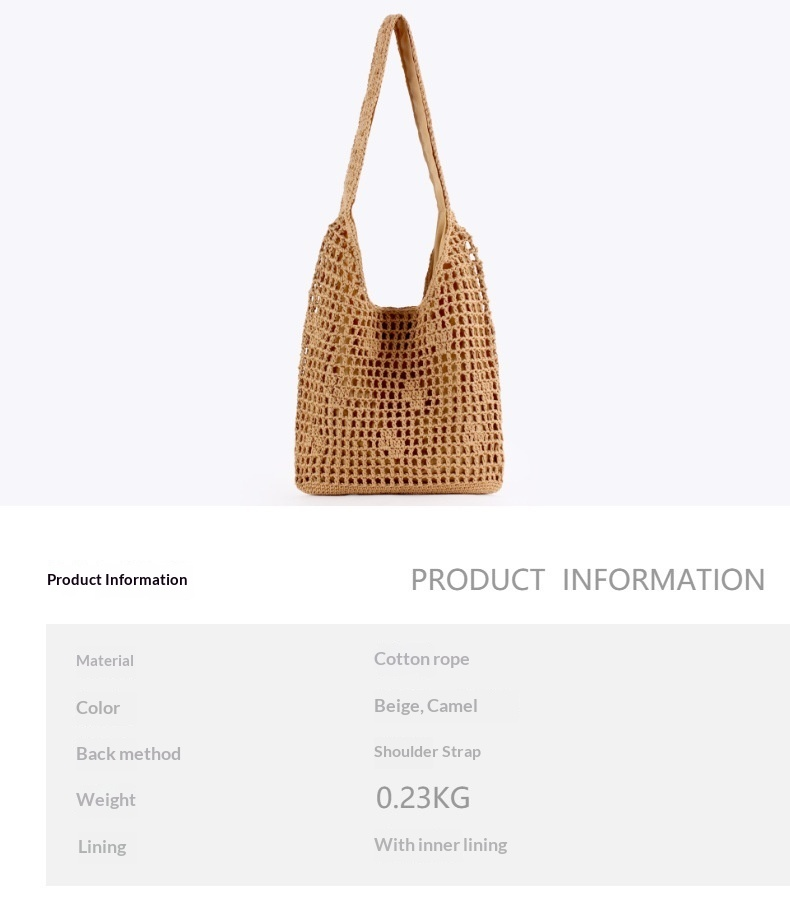 Boho Openwork Hand Crocheted Cotton Rope Shoulder Tote Bag